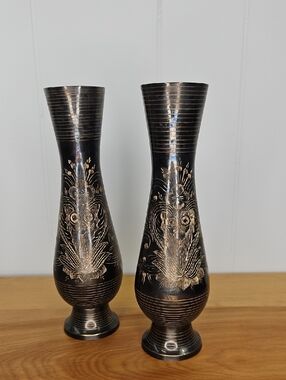 Set Of 2 Ornate Brass Vases Made In India 1980s